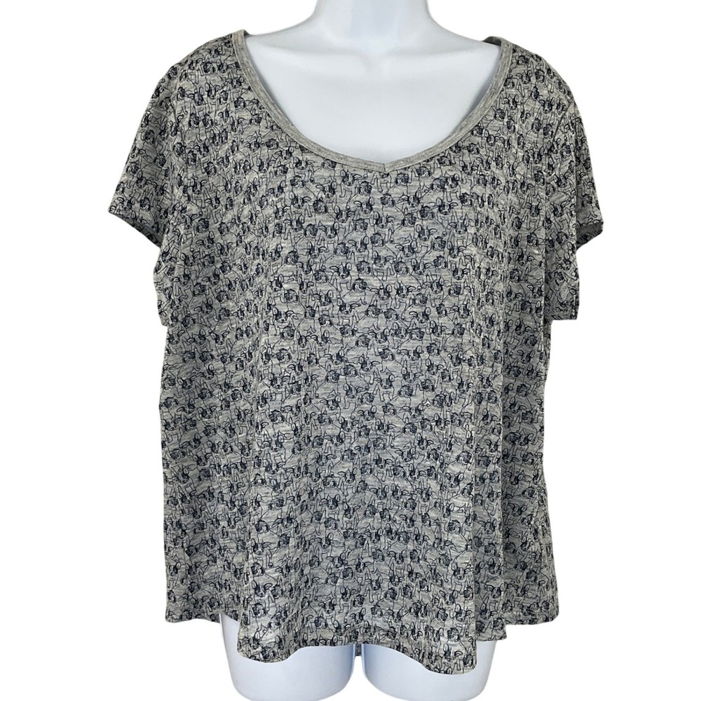 Cynthia Rowley Top Womens Sz L Linen Short Sleeve V Neck French Bulldog Print